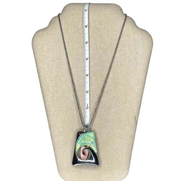 Wave Pendant Necklace Silver Tone and Teal - Picture 6 of 7